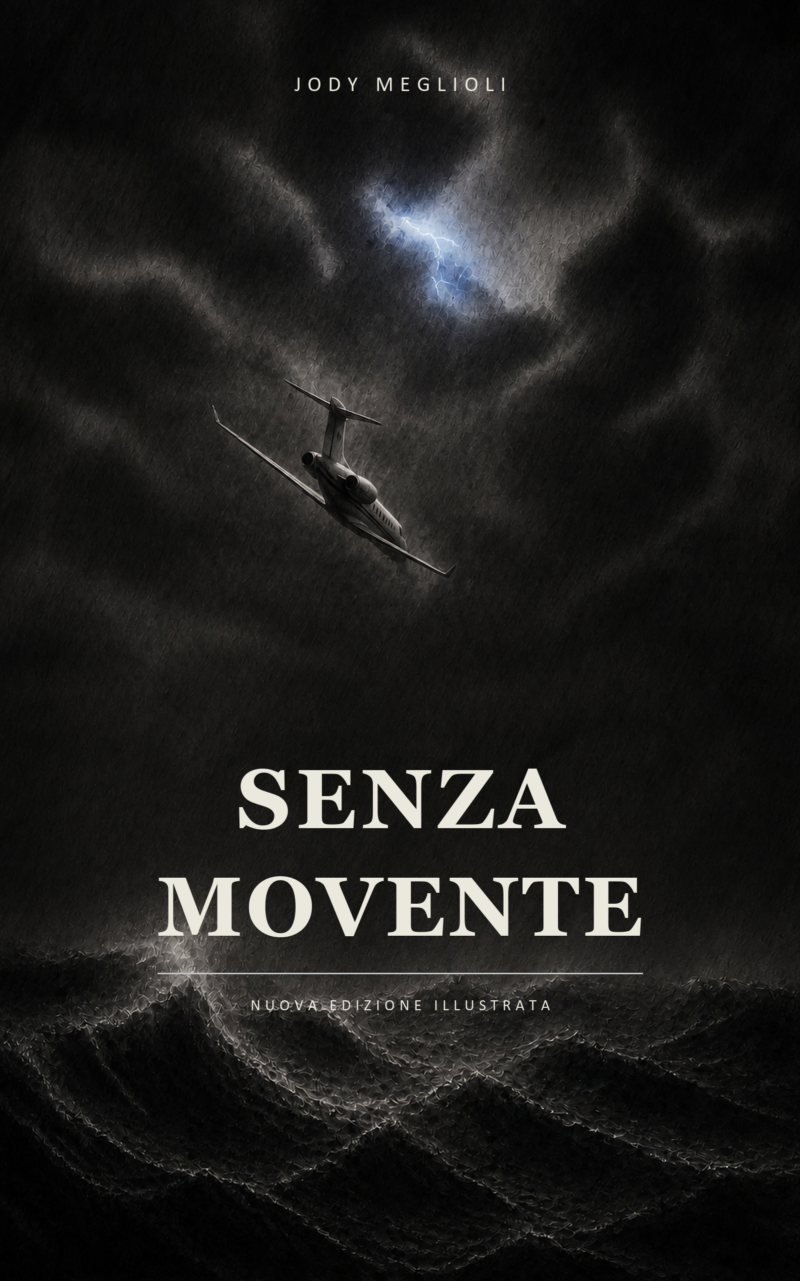 Copertina scura di Senza Movente con aereo nella tempesta