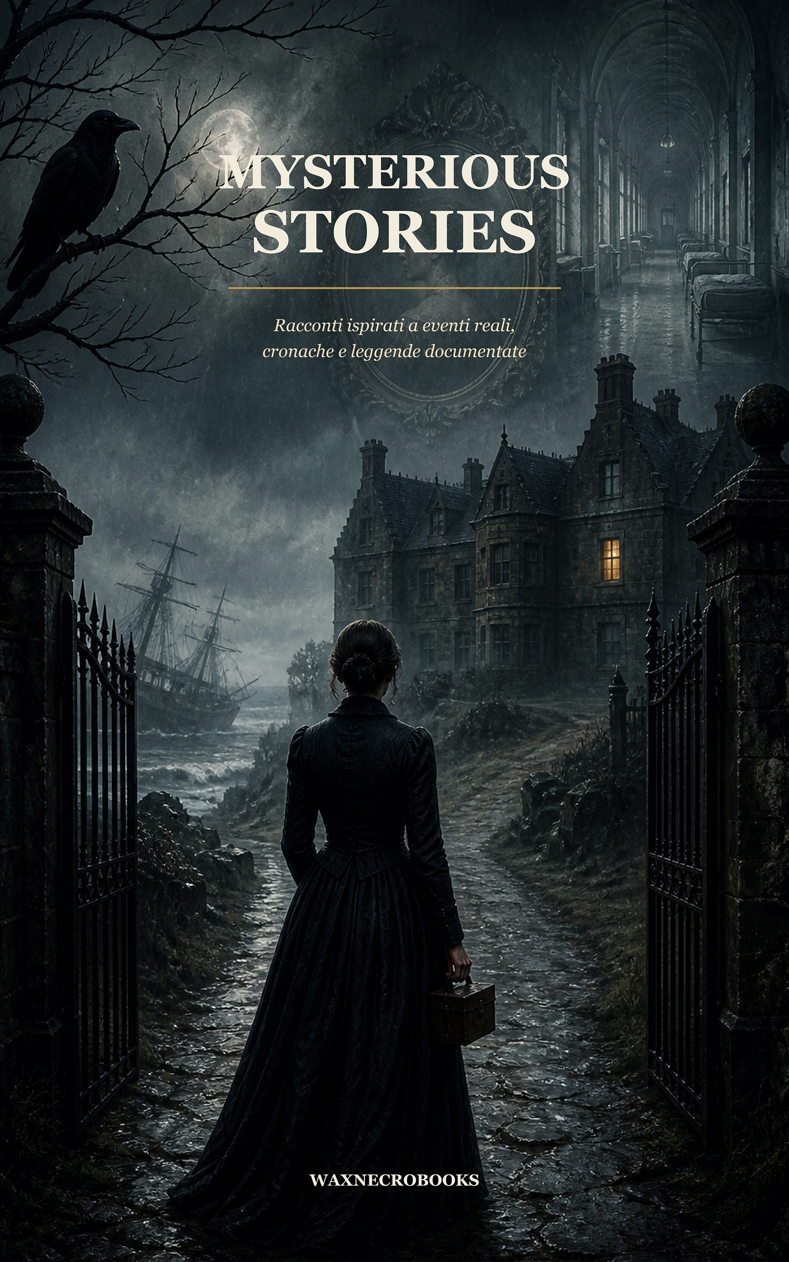Copertina gotica di Mysterious Stories con figura davanti a una dimora