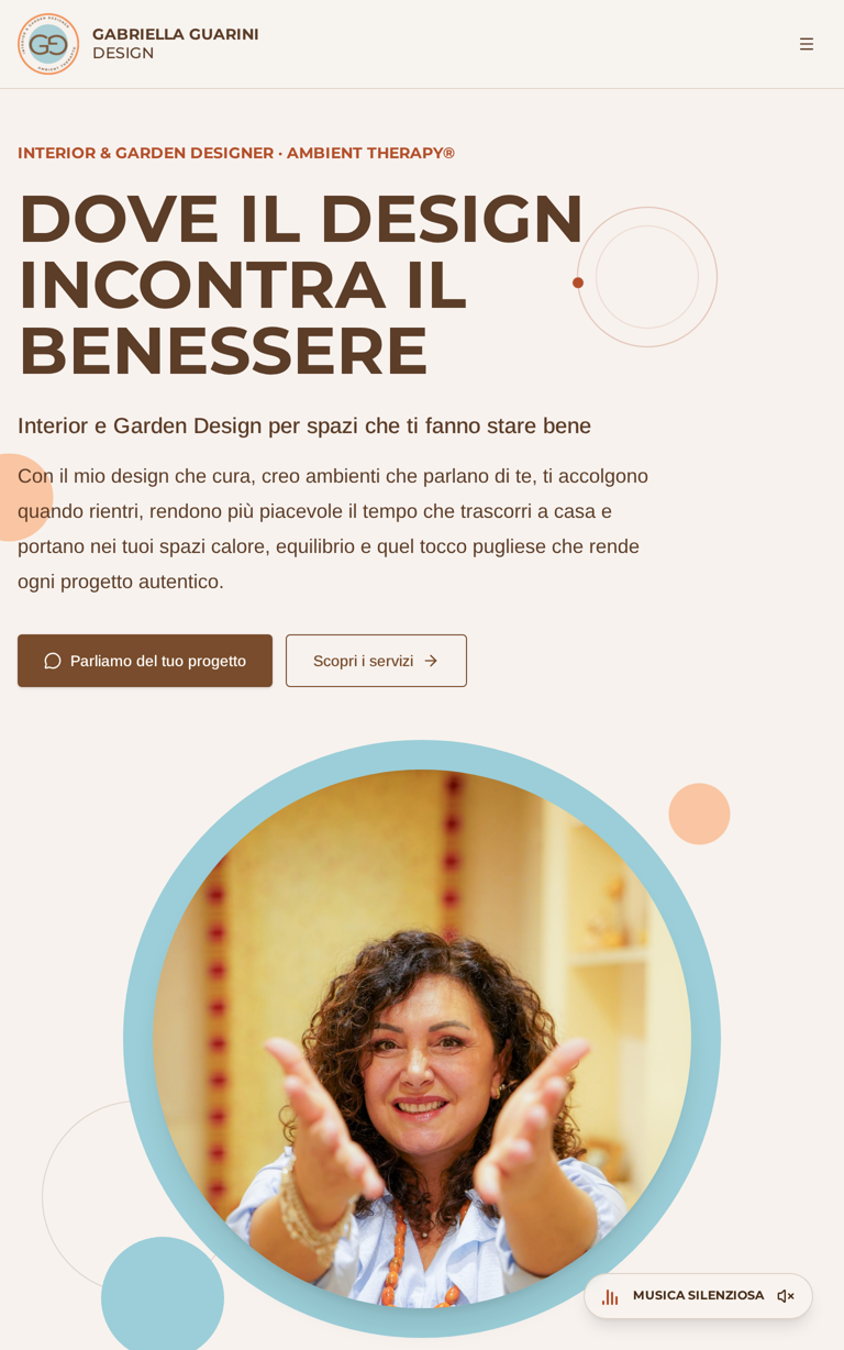 Schermata verticale del sito di Gabriella Guarini Design, interior e garden designer